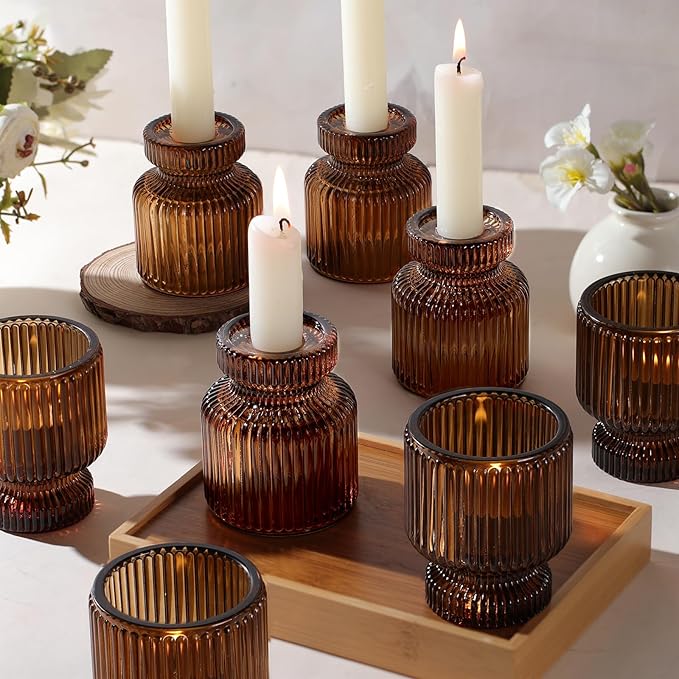 DARJEN 12 Pcs Glass Candlestick Holders- Amber Taper Candlestick Holders Tealight Votive Candle Holders for Table Centerpieces, Wedding, Dinner Party, Home Decor