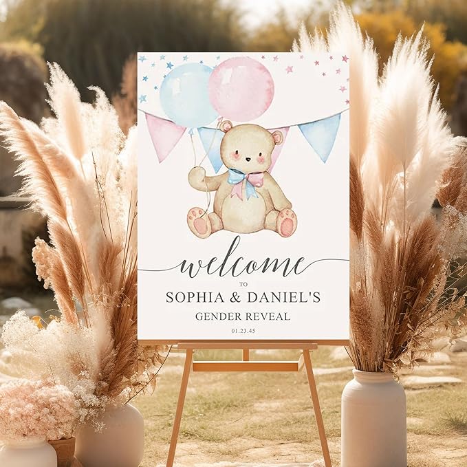 Teddy Bear Gender Reveal Welcome Sign Decor, Pink Blue, Bearly Wait, Balloons, Baby, Boy or Girl