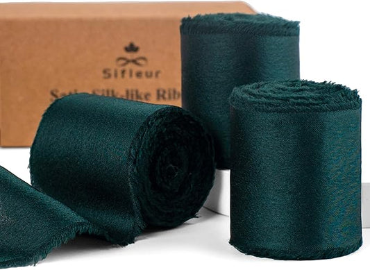 Satin Silk Ribbon, Green Christmas Ribbon for Wrapping, 1-1/2 inch x 15 Yd Handmade Frayed Fringe Ribbons, for Christmas Tree Holiday Birthday Valentine's Day New Years Crafts Bouquet, 3 Rolls