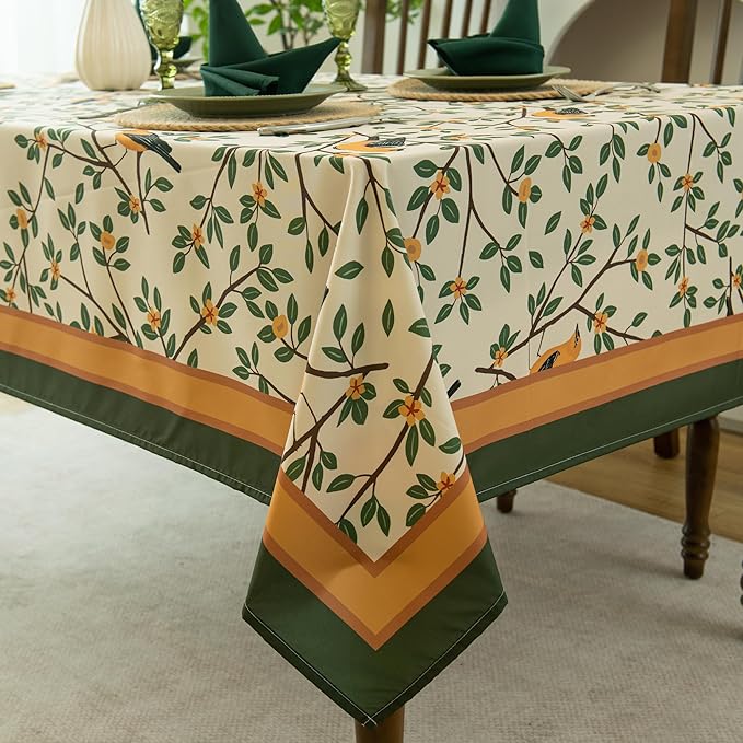 French Tablecloth Waterproof, Kumquat and Oriole Vintage Style Print – Stain Resistant, Washable Fabric Table Cover for Dining, Kitchen, Party, Vibrant Nature-Inspired Home Decor, W60 x L84
