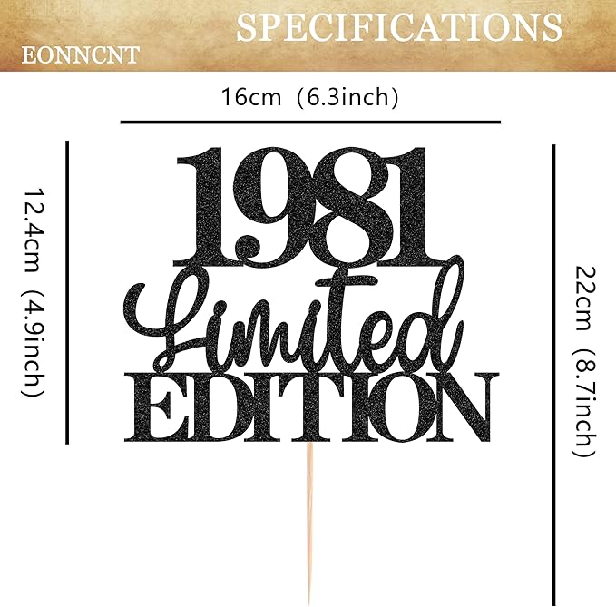 Limited EDITION 1981 Cake Topper - Black Glitter Happy 44th Birthday Party Cake Decoration Supplies, Cheer to 44 Years Cake Bunting Decor for 44th Birthday Party Photo Booth Props