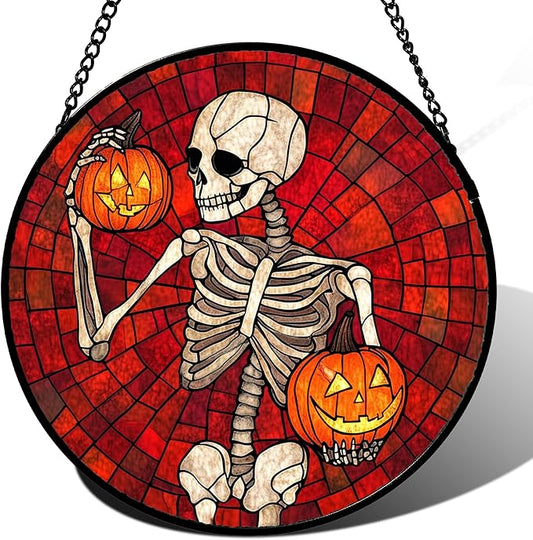 Stained Glass Window Hanging - Halloween Decorations Skeleton Pumpkin Suncatcher for Doors Garden Indoor Spooky Funny Sun Catchers Gothic Decor Horror Gifts for Women Men Friend 7.8 in