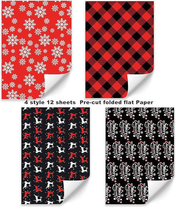 PlandRichW Christmas Wrapping Paper 12 Sheets Folded for Kids Boys Girls Men Women Gifts. Red, Black and White, Greetings, Reindeer, Plaid and Snowflakes, 20 X 29 Inches Each