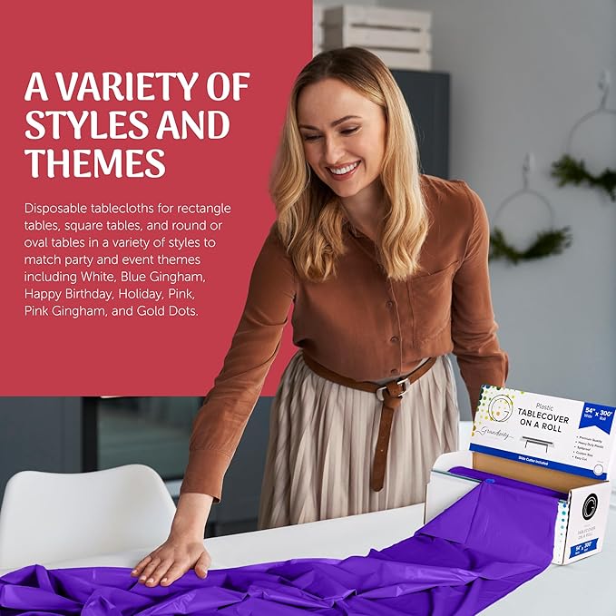 Grandipity Plastic Tablecloth Roll - 54in x 300 Ft. Purple Plastic Table Cloths for Parties Disposable with Cutter Box - Cut to Size Disposable Tablecloth Table Cover for Rectangle & Round