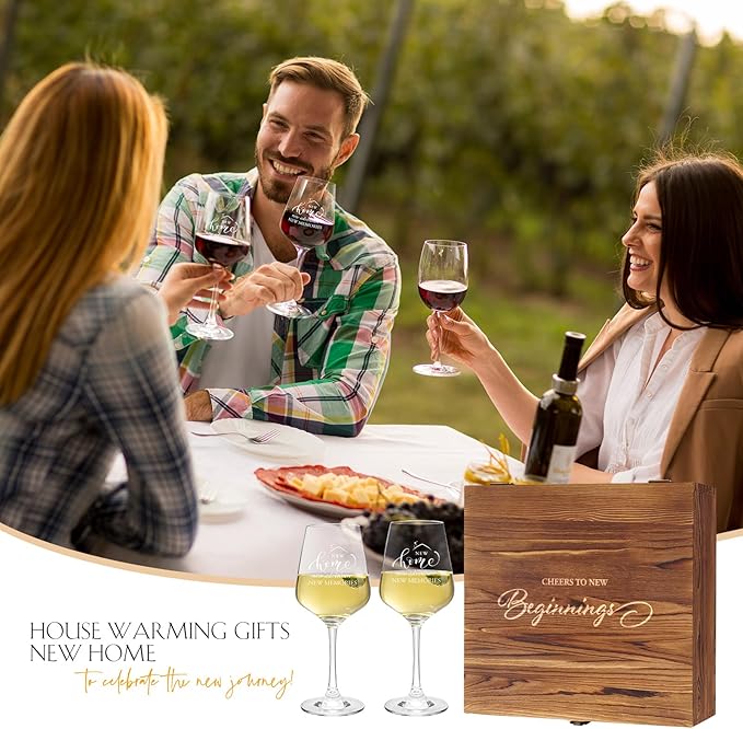 AW BRIDAL House Warming Gifts New Home Wine Glasses Sets, 2025 Closing Gifts for Home Buyers and Homeowner, New Apartment Gift Basket for Couple, First House Gift with Wooden Keepsake Box