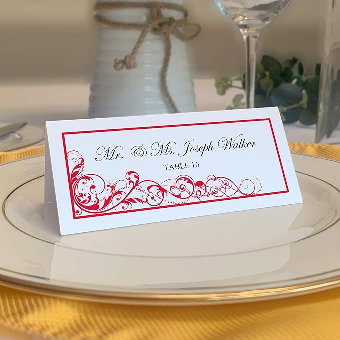 Scribble Vintage Swirl Place Cards, Ruby Red (Choose Color), Set of 60, Pre-cut and Scored - Wedding, Party, Dinner, and Special Events - Made in the USA