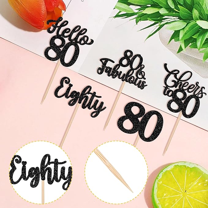 30PCS Happy 80th Birthday Cupcake Toppers Glitter Eighty Cheers to 80 Years Old Birthday Cupcake Picks Hello 80 Fabulous Cake Decorations for Happy 80th Birthday Anniversary Party Supplies Black