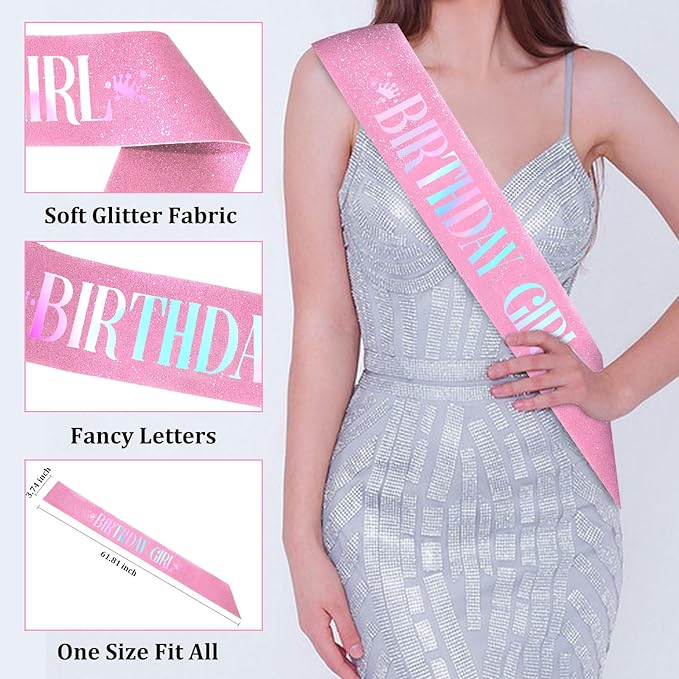 CAVETEE Birthday Girl Crown and Sash， Princess Tiara Happy Birthday Headband Party Accessories for Women and Girls