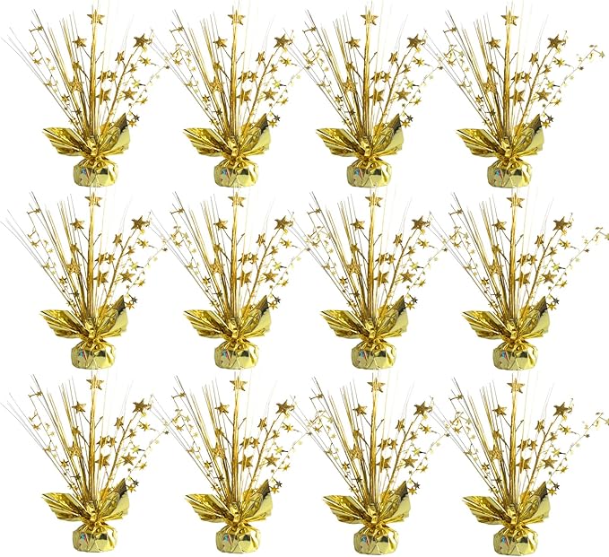 12 Pack Metallic Gold Foil Spray Centerpieces Stars Brust Table Centerpieces for Wedding Birthday Anniversary Holiday Party Decor, Metallic Star Balloon Wights for Party, Table Decor for Party