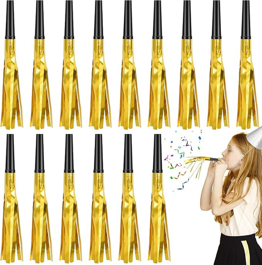 24 Pcs Glitter Noise Makers Metallic Fringed Party Blower for Adults Birthday Graduation New Years Party Favors Supplies (Gold)