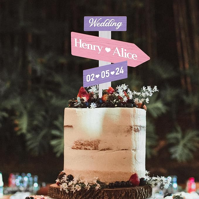 Personalized Rustic Wedding Cake Topper in Wood Custom Bride & Groom Names Initials Wedding Date Cake Decoration (Lavender)