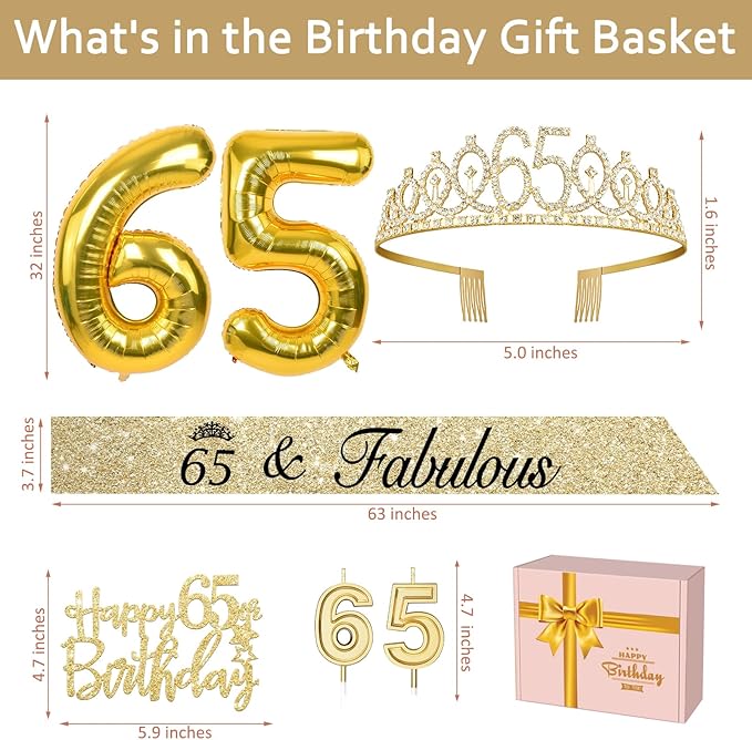 65th Birthday Decorations for Women with Tiara and Sash, Candles and Cake Topper, Number Balloons, 65th Birthday Gifts for Women