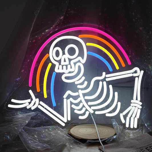 Rainbow Skeleton Halloween Neon Sign Welcoming Skull Led Neon Light Colorful Rainbow Light Up Sign for Halloween Party Christmas Bedroom Man Cave Game Room(16.5 * 12.5in)