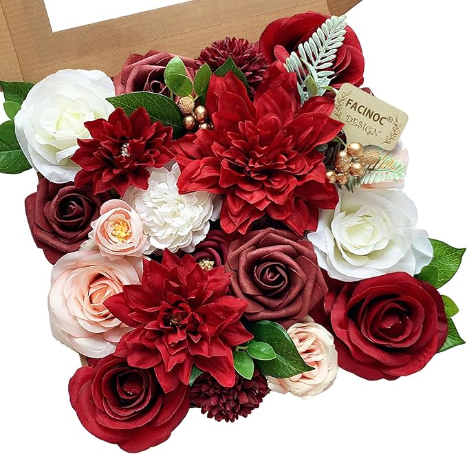 Roses Artificial Flowers Red Bouquet Box Set Fake Flower for DIY Bridal Wedding Shower Decorations Centerpieces for Table Faux Silk Floral Arrangement for Party Home Decor Indoor Burgundy