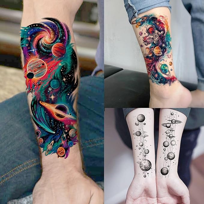 70 Sheets Watercolor Planets Galaxy Temporary Tattoos For Women Men Kids Boys Girls, 3D Star Universe Solar System Waterproof Half Arm Sleeve Tattoos For Adult, Forearm Fake Tattoo Sticker Outer Space