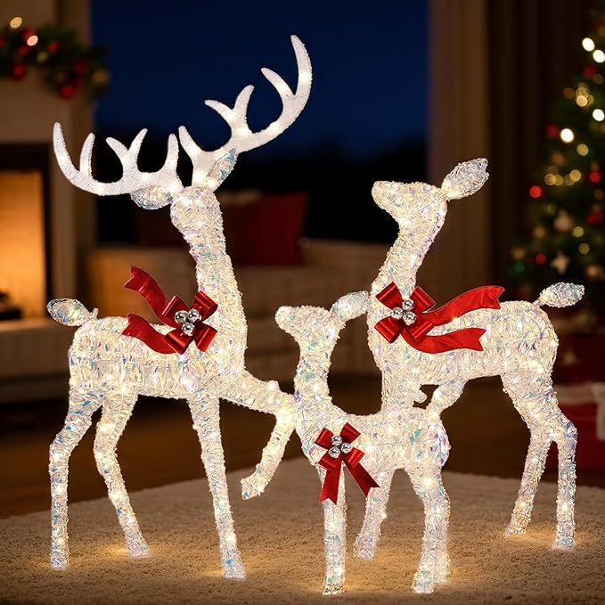 3-Piece Large Lighted Christmas Deer Family Set, Christmas Indoor and Outdoor Decoration with 225 Warm White LED Lights, Ground Pegs, Cable Ties. Suitable for Patio Lawn Garden Party-Colorful