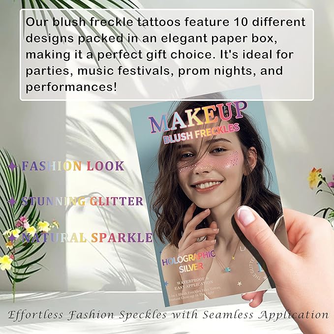 10 Pcs Holographic Multichrome Glitter Freckles Face Tattoos, 2-in-1 Rose-pink Blush and Holographic Laser Temporary Tattoos, Waterproof and Long-lasting Face Makeup Tattoos for Women and Girls