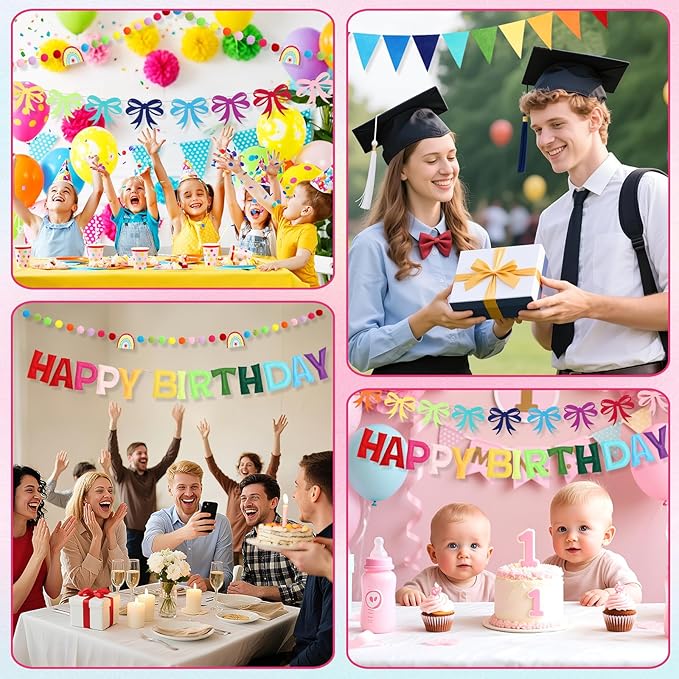 Happy Birthday Banner Set- Pre Strung Reusable Felt 3D Happy Birth Day Sign Banner, Pompom Garland, Bunting Flags and Bow Garland for Birthday Party Decorations for Women Men Boys Girls