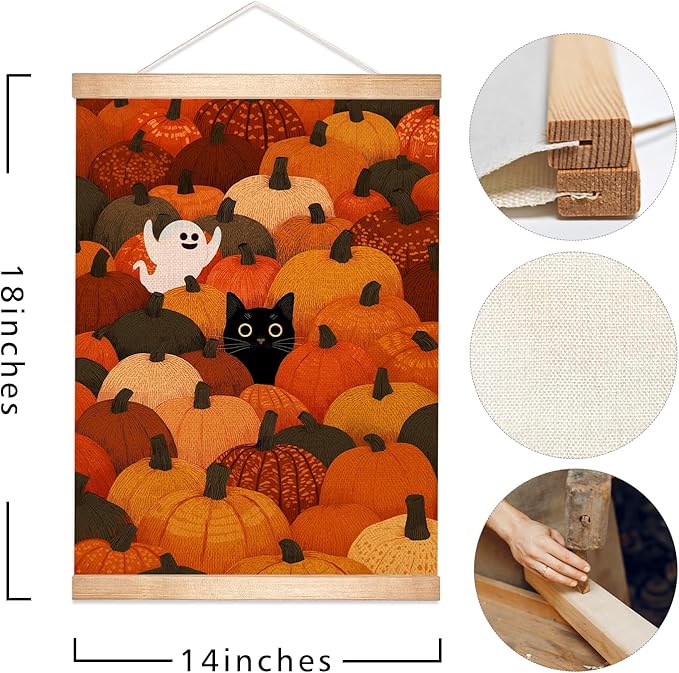 Rustic Halloween Ghost and Black Cat with Pumpkin Wall Art 18.5x14 Inch,Halloween Linen Canvas Wall Hanging Poster Decor, Retro Gothic Haunted House Theme Wall Poster for Living Room Bedroom(BLK10)
