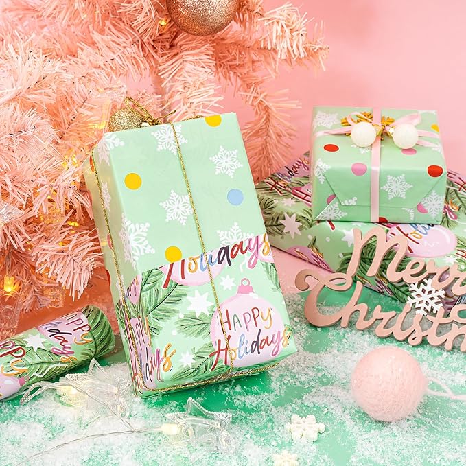 WRAPAHOLIC Reversible Christmas Wrapping Paper - Mini Roll - 17 Inch x 33 Feet - Happy Holiday Lettering with Christmas Ball Design for Holiday, Party Celebration