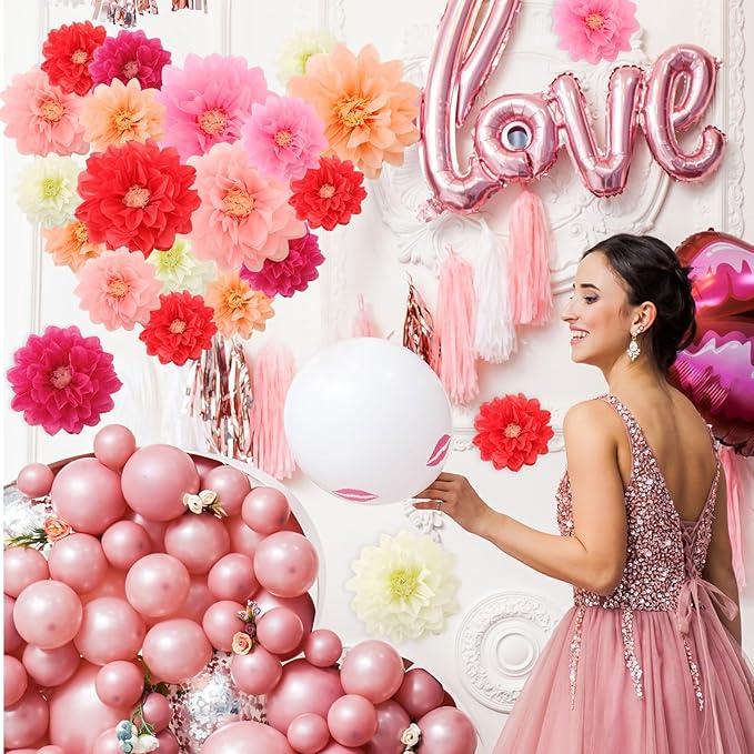 Geyee 18 Pcs Mexican Paper Flowers Colorful Fiesta Tissue Paper Flowers Pom Poms Mexican Carnival for Floral Party Backdrop Wedding Birthday Party Craft, 6" 8" 10"(Pink Series)