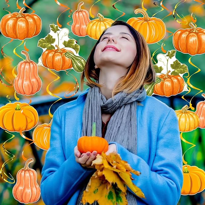 30pcs Fall Pumpkin Hanging Swirls, Thanksgiving Fall Ceiling Hanging Decorations Pumpkin Swirls Streamers for Thanksgiving Autumn Harvest Party Supplies