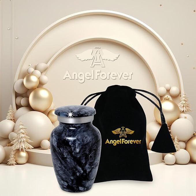 Small Keepsake Urn for Human or Pet Ashes – Handcrafted Dark Black Marble Mini Urn with Velvet Bag & Gift Box | Durable Metal Memorial Token Jar for Baby, Infant, Pet or Loved One – 3 Cu in