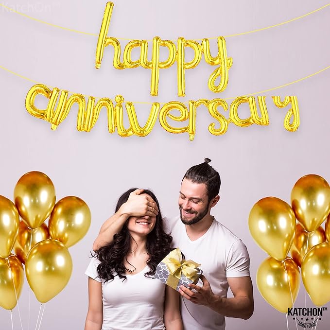 KatchOn Gold Anniversary Balloons - 16 Inch, Shiny 'Happy' Banner & Foil Balloons