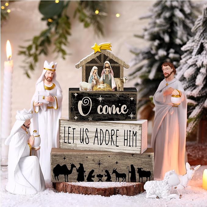 4 Pcs Christmas Table Decor Wooden Christian Religious Decoration Nativity Scene Centerpiece Nativity of Jesus Tiered Tray Decor Farmhouse Xmas Decoration for Kitchen