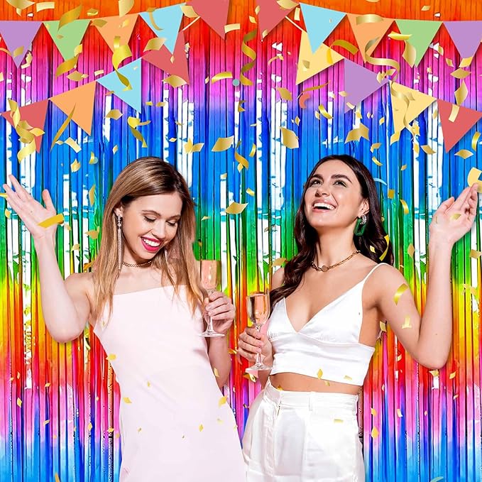 3 Pack Dark Rainbow Foil Fringe Curtains Backdrop, 3.28 x 8.2 Ft Metallic Streamers Tinsel Curtains Background for Photo Booth, Birthday, Christmas, Halloween, New Year Party Decorations