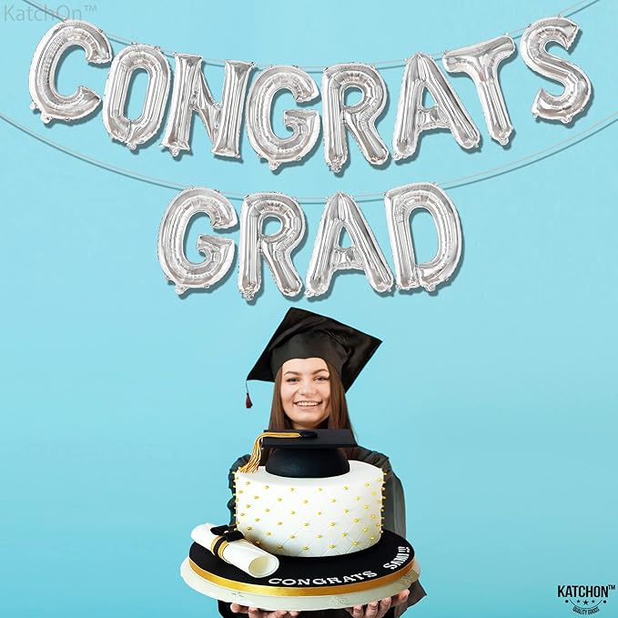 KatchOn, Silver Congrats Grad Balloons - 16 Inch | Foil Congrats Grad Balloon Banner For Graduation Decorations 2025 | Congratulations Balloons | Graduation Party Decorations