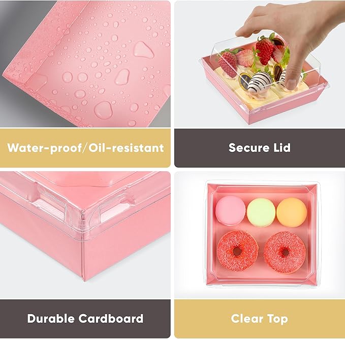50 Pack Small Clear Treat Boxes - Dessert Boxes To Go - 5Inch Disposable Paper Mini Containers for Cookie, Cake Slice, Charcuterie, Bakery, Pastry, Strawberry, Baked Goods Packaging (Pink)