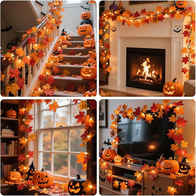 Fall Garland with Lights Battery Operated,10FT 50 Orange Bulbs Lighted Fall Leaves Garland,Fall Decorations for Home Thanksgiving,Mantel,Fireplace,Porch,Halloween,Table Decor Indoor Outdoor(1 Pack)