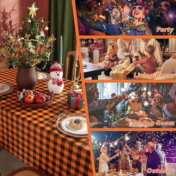 Checkered Vinyl Thanksgiving Tablecloth Rectangle 60x84 Inch with Flannel Backing Stain & Waterproof Plaid Table Cloths, Heavy Duty Plastic Table Cover for Fall Halloween, Harvest, Orange and Black