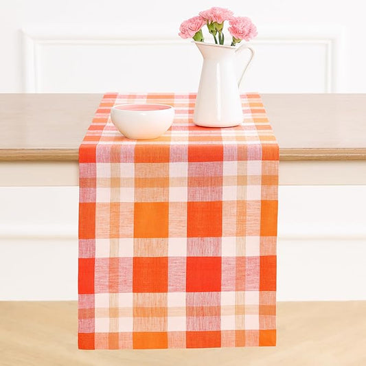 Solino Home Pure Linen Pumpkin Buffalo Check Table Runner 14 x 48 Inch – Short Accent for Coffee Tabletop, Dresser, Bedroom, and Thanksgiving Decor