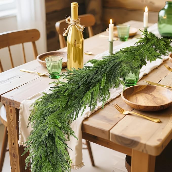 2Pcs 6FT Christmas Norfolk Pine Garland, Realistic Artificial Pine Garland, Real Touch Faux Greenery Christmas Garland for Table, Mantle, Winter Holiday Christmas Decorations Indoor Outdoor