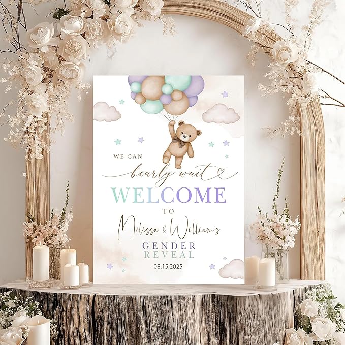 Gender Reveal Welcome Sign – Teddy Bear Balloon Theme,Personalized Teddy Bear Gender Reveal Welcome Sign, He or She Yard Sign, Boy or Girl Gender Reveal Sign, We Can Bearly Wait Gender Reveal .17
