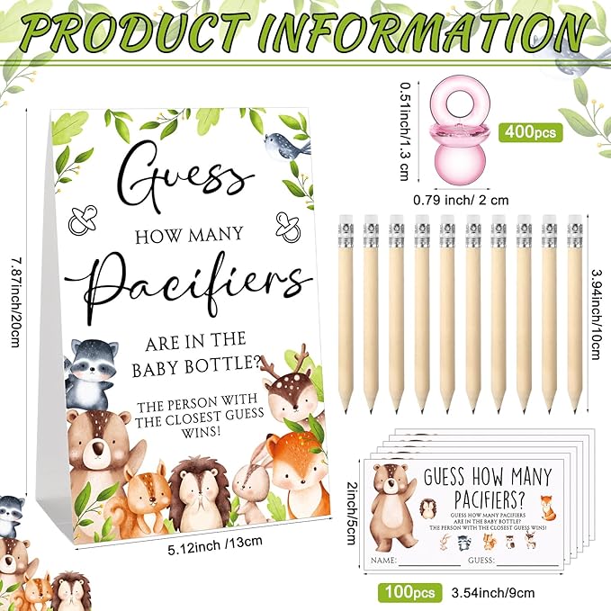 Roowest 512 Pcs Baby Shower Games Guess How Many Pacifiers Sign 100 Small Guessing Games 10 HB Pencils 750ml Milk Bottle 400 Acrylic Pacifiers Decoration for Guest Gender Reveal(Vivid,Woodland)