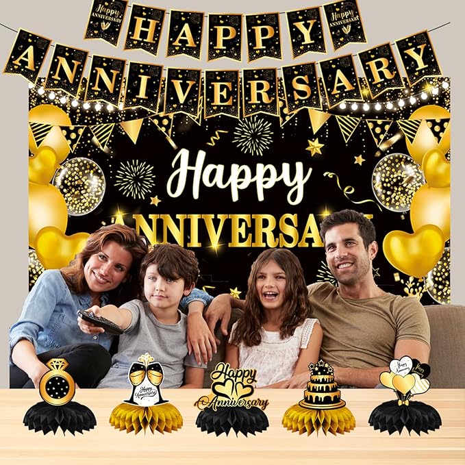 Happy Anniversary Decorations, Black and Gold Wedding Happy Anniversary Party Supplies - Happy Anniversary Banner,Backdrop 5.9 x 3.6Ft with 5pcs Honeycomb Centerpiece Decor