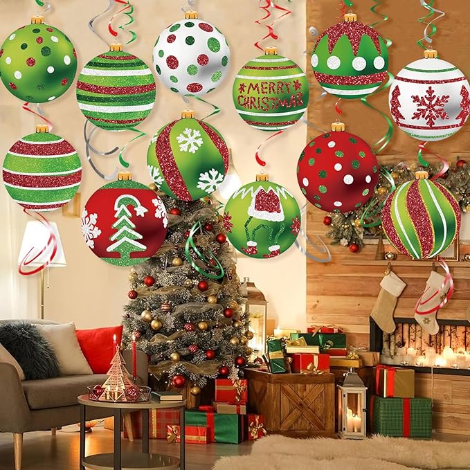 Christmas Ball Hanging Swirl, 30Pcs Xmas Ball Ornament Ceiling Streamers Hanging Decorations for Holiday Christmas Party Outdoor Indoor Supplies