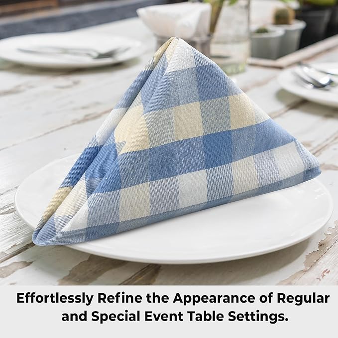 Urban Villa Cloth Napkins 100% Cotton Dinner Napkins Highly Absorbent 20x20 Inches (Set of 12) Blue Sand Buffalo Checks Reusable Washable Soft Durable Premium Quality Ideal for Home Wedding Parties