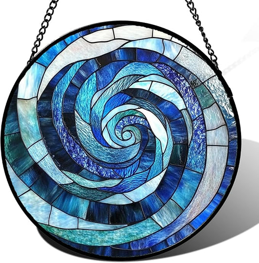 Stained Glass Window Hanging - Blue Abstract Swirl Suncatcher for Doors Garden Patio Unique Sun Catchers Decor Christmas Mother's Day Birthday Gifts for Women Men Mom Nana Friend 9.8 in