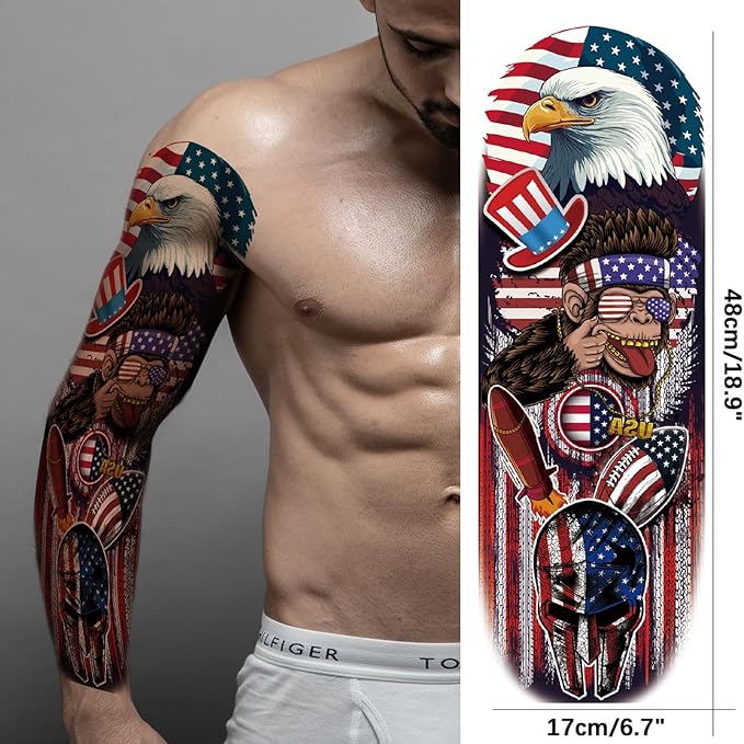 Fourth of July Temporary Tattoo Sleeves for Men Women, 4-Sheet Large Full Arm USA Patriotic 4th of July Fake Tattoo Sleeve Adult and 4-Sheet American Flag Half Temp Tatoo Independence Day