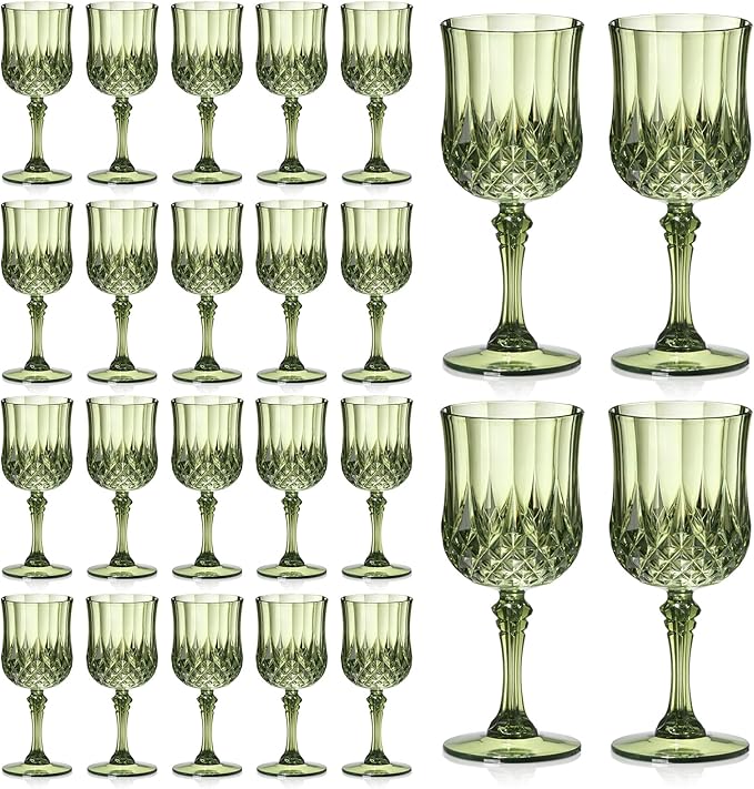 XUWAIDSGN 24 Pcs 7oz Plastic Vintage Wine Glasses Drinking Glasses Unbreakable Wedding Glassware Crystal Water Goblets Reusable Drinkware Vintage Champagne Flutes (24, Dark Green)