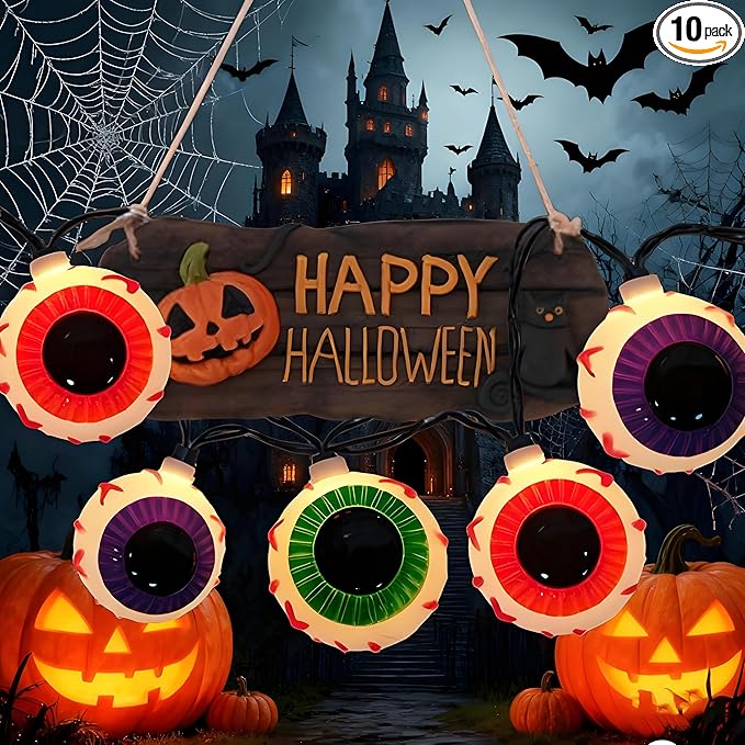 Halloween Eyeball String Lights, 8.5Ft Halloween Decorative String Lights with 10 Multicolor Eyeball Bulbs, UL Listed Waterproof for Indoor/Outdoor Use, Patio, Garden, Gazebo, Door Decoration, Black