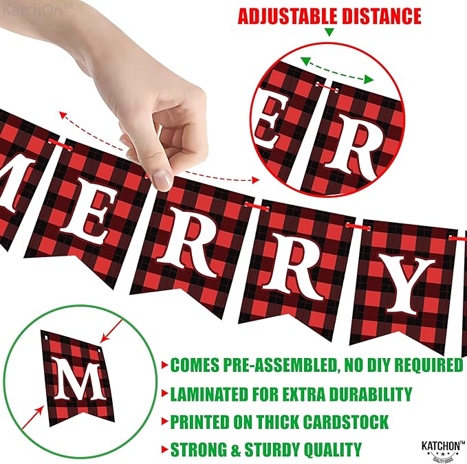 KatchOn, Merry Christmas Banner for Mantle- Large, 10 Feet, No DIY | Red and Black Christmas Fireplace Banner | Buffalo Plaid Christmas Decorations | Merry Christmas Sign | Christmas Party Decorations