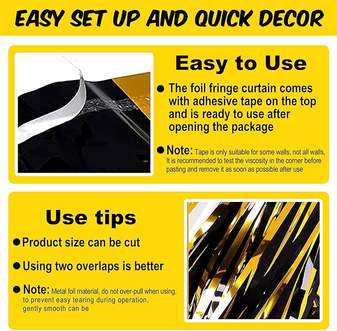 6 Pack Black and Gold Foil Fringe Curtains Backdrop, 3.28 x 8.2 Ft Metallic Streamers Tinsel Curtains Background for Photo Booth, Birthday, Christmas, Halloween, New Year Party Decorations