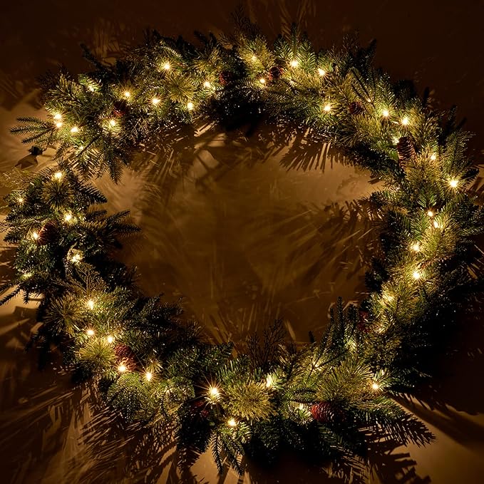 9Ft Pre-lit Christmas Garland with 50 LED Lights Battery Operated,Holiday Decoration Stairs Wall Mantle Door Indoor Outdoor