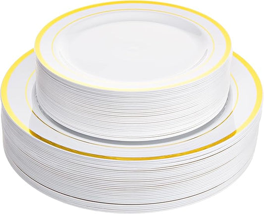 Aya's 60 Gold Rimmed Plastic Plates for Party, Heavy Duty Disposable Set of 30 Dinner and 30 Dessert Plates, Elegant Fancy Design for Weddings, Parties, and Special Events