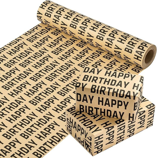 WRAPAHOLIC Kraft Birthday Wrapping Paper Roll - Mini Roll - 17 Inch x 33 Feet - Black Happy Birthday Wrapping Paper for Men Women Party Celebration